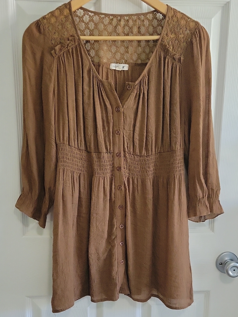 edge Button Front 3/4 Sleeve Tunic L Chocolate Smock Waist Lace Flowy EUC